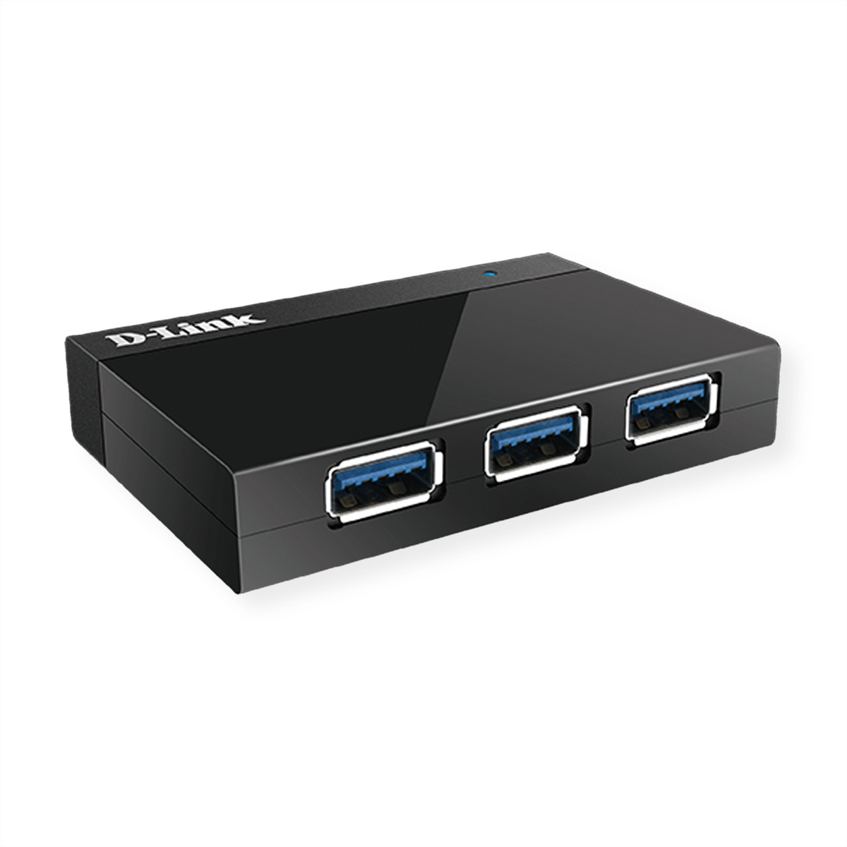 Een zwarte D-Link USB-hub met drie USB-poorten op een witte achtergrond.