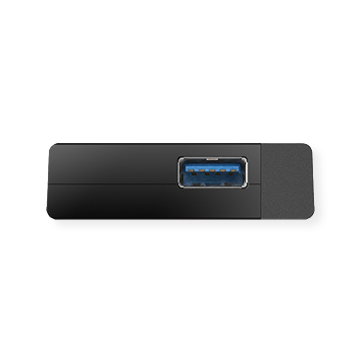 Een zwarte USB-hub met een USB-poort. De hub is rechthoekig.