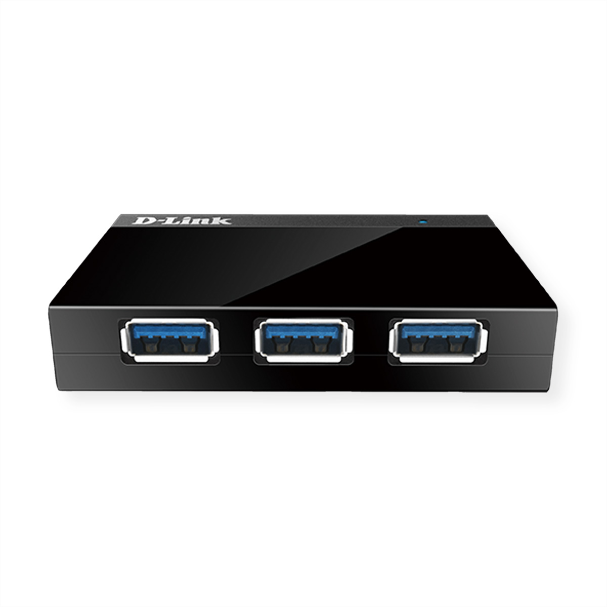 Zwarte D-Link USB-hub met drie blauwe USB-poorten op witte achtergrond.