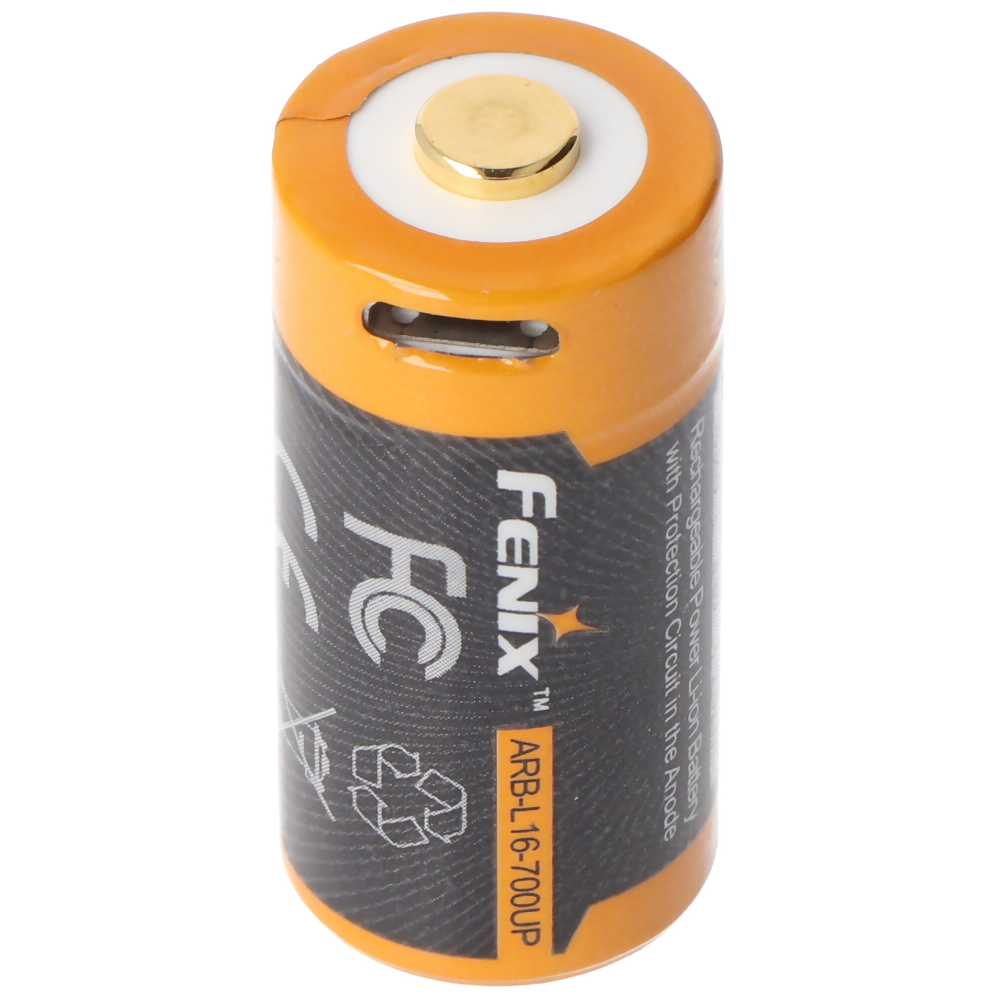 Eine orangefarbene, wiederaufladbare Fenix-Batterie mit Text und Symbolen auf der Seite.