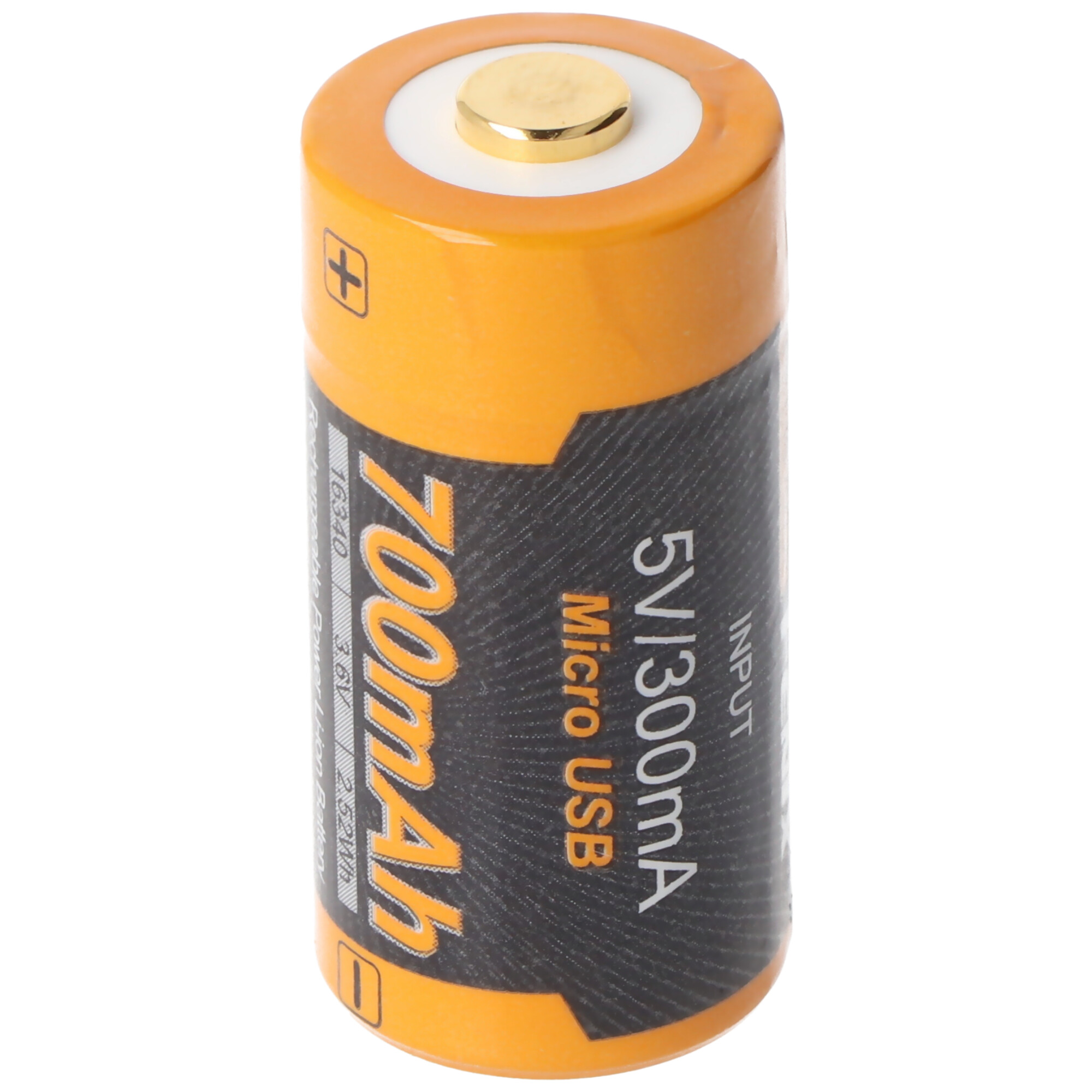 Eine gelbe 700mAh-Batterie mit Micro-USB-Eingang und dem Text 5V/1300mA.