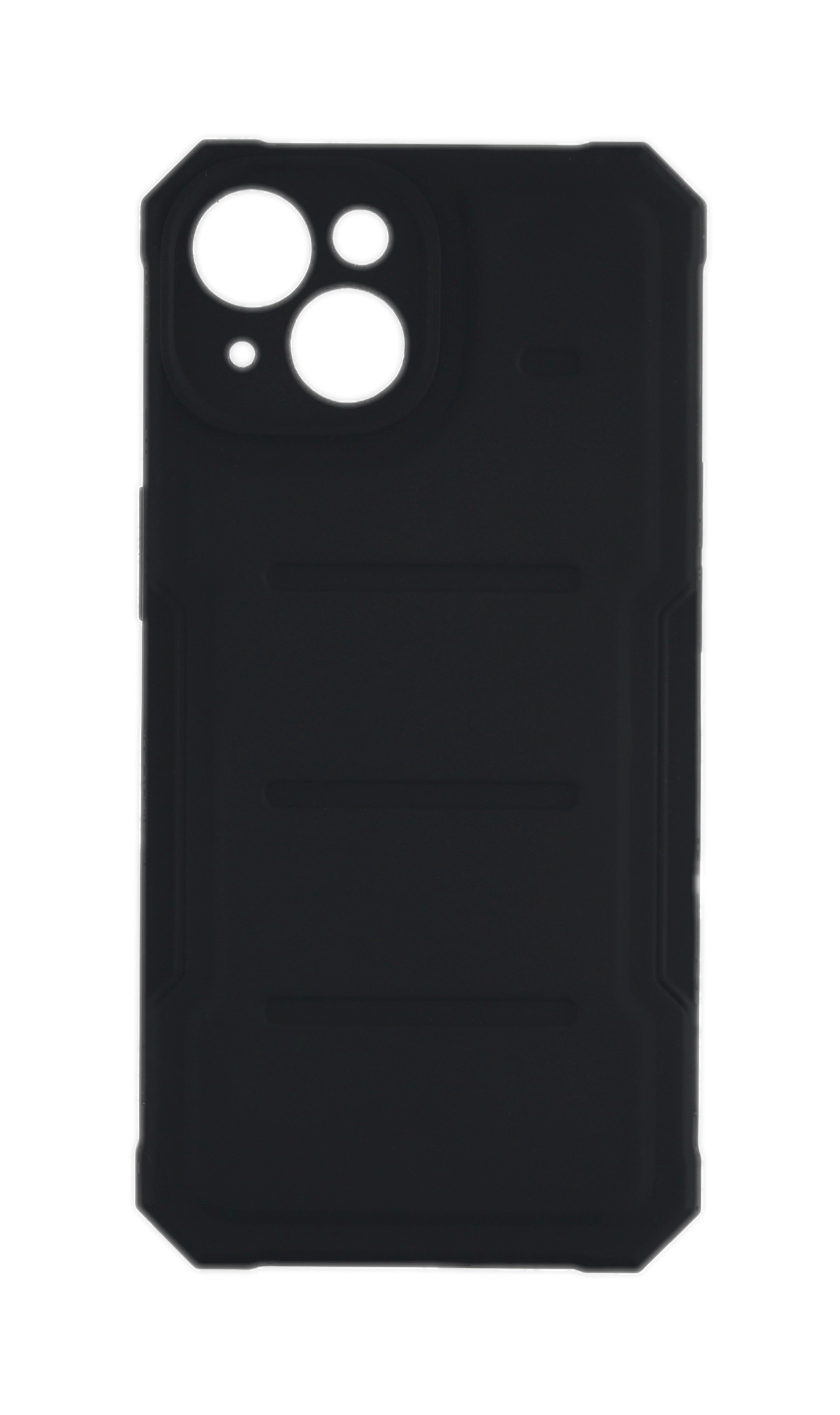 Eine schwarze Handyhülle mit robustem Design, mit Aussparungen für Kameralinsen und andere Funktionen.