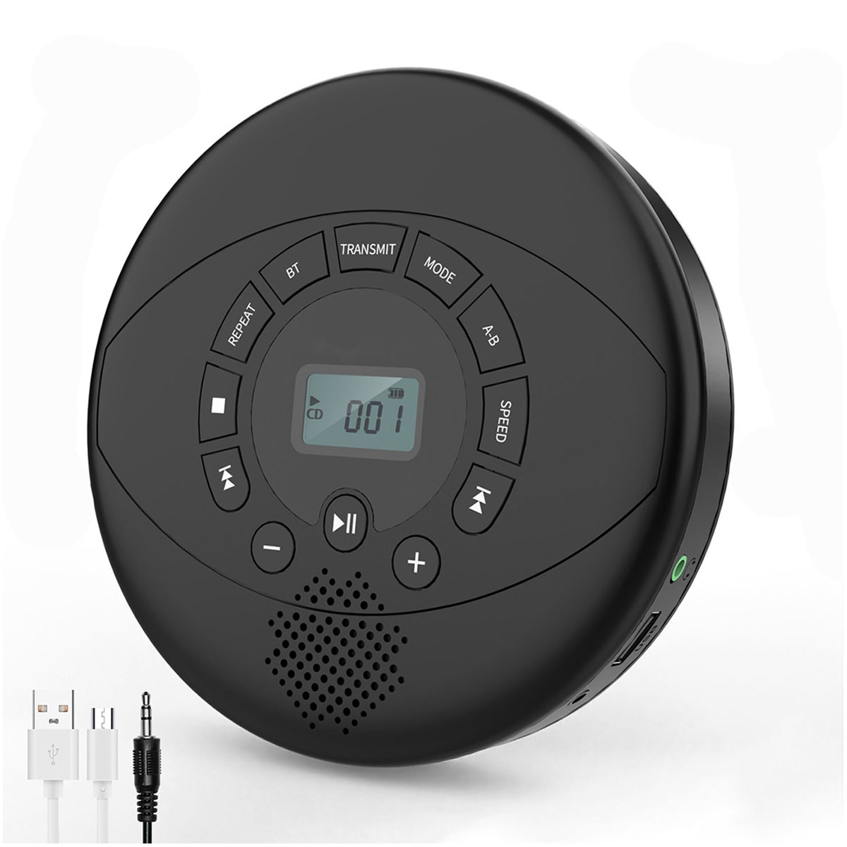 Schwarzer tragbarer CD-Player mit Knöpfen. USB- und Audiokabel. CD-Anzeige zeigt '001'.