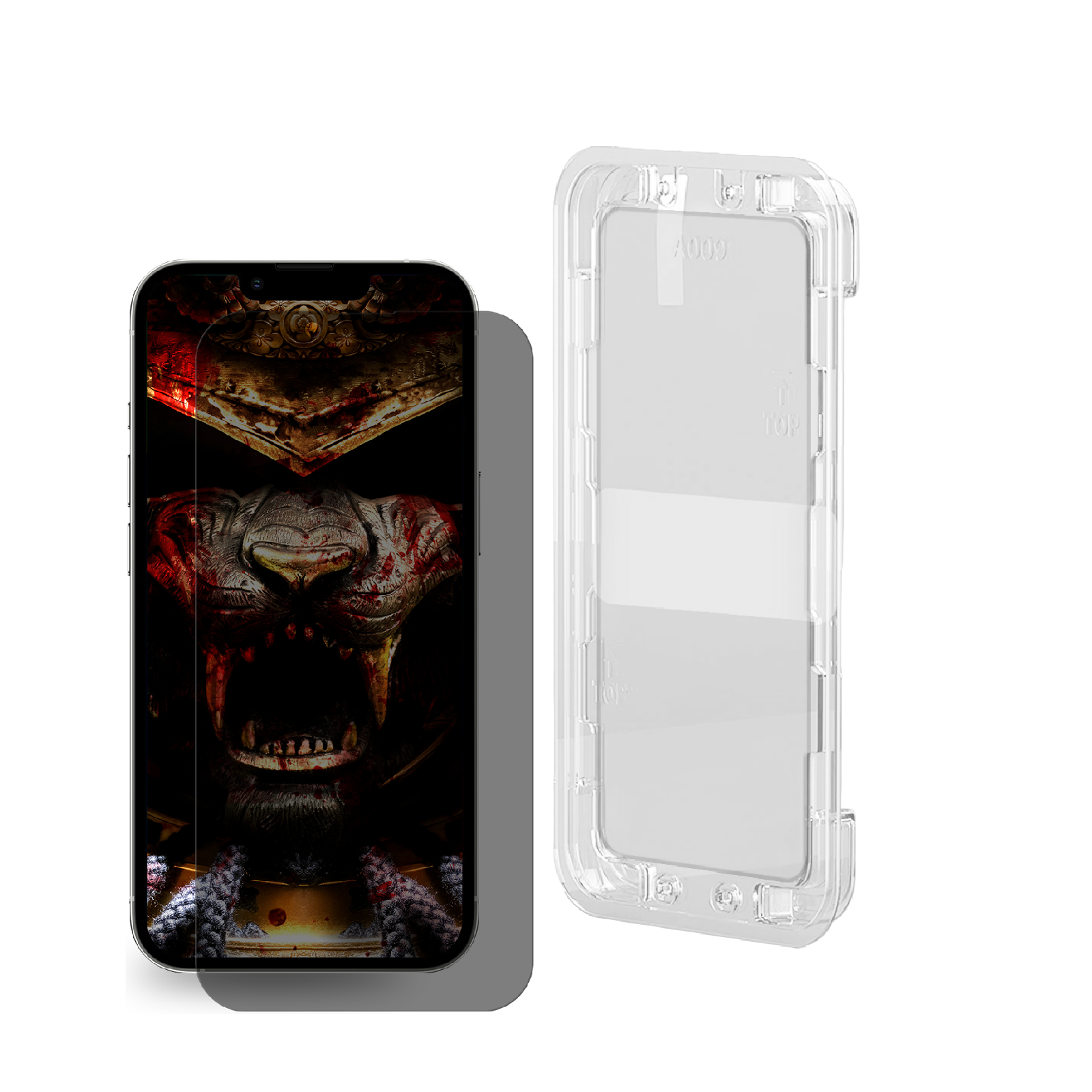 Telefon mit Samurai-Bild, neben einer durchsichtigen Hülle. Beide auf weißem Grund.