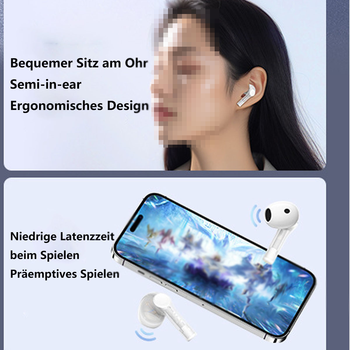 Frau mit Ohrhörern und Handy. Grafiken zeigen Ohrhörer-Funktionen und Spielverzögerung am Telefon.