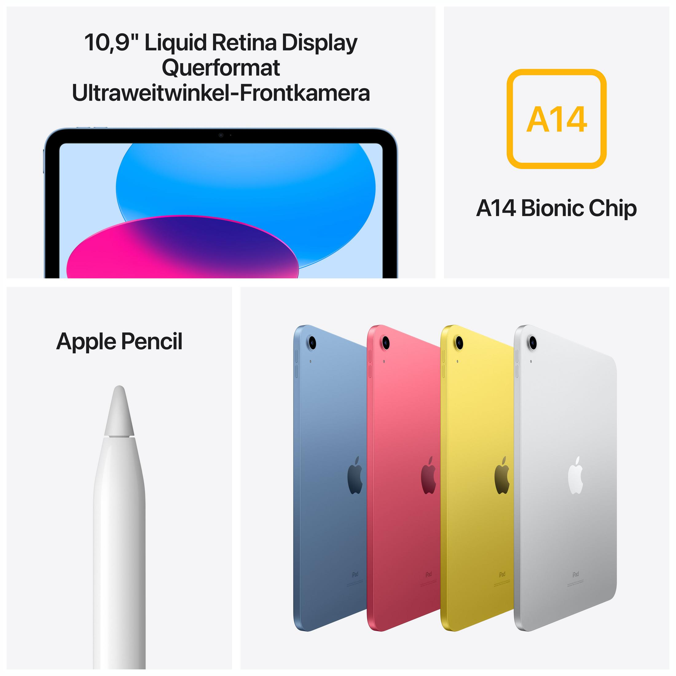 iPad z chipem A14 i Apple Pencil, obok innych iPadów, wszystko na białym tle.