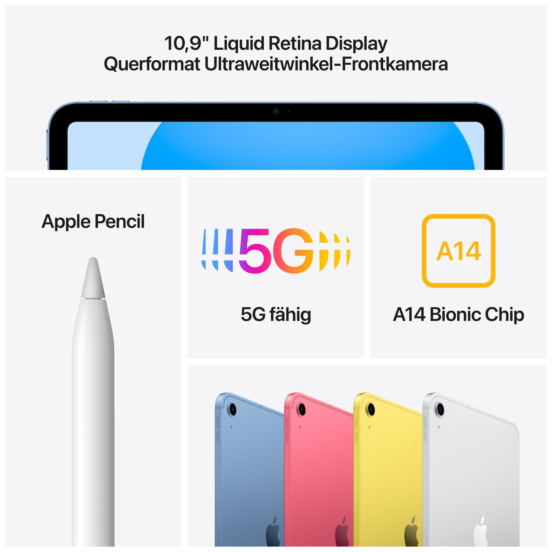 iPad met Apple Pencil en andere accessoires. Toont details zoals A14 Bionic Chip en 5G.