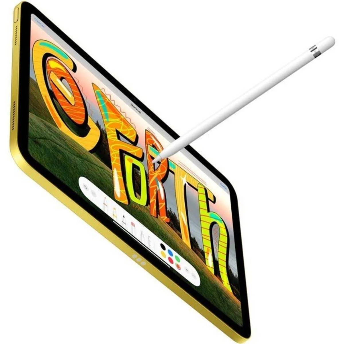 Tablette jaune avec un stylet blanc. L'écran affiche du texte coloré.