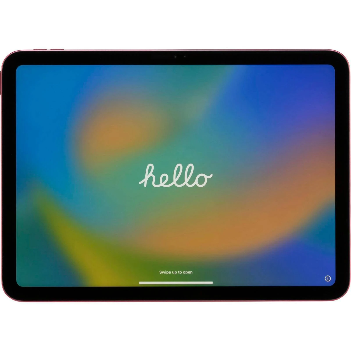 Rosa Tablet-Bildschirm mit dem Wort 'hello' auf buntem Hintergrund.
