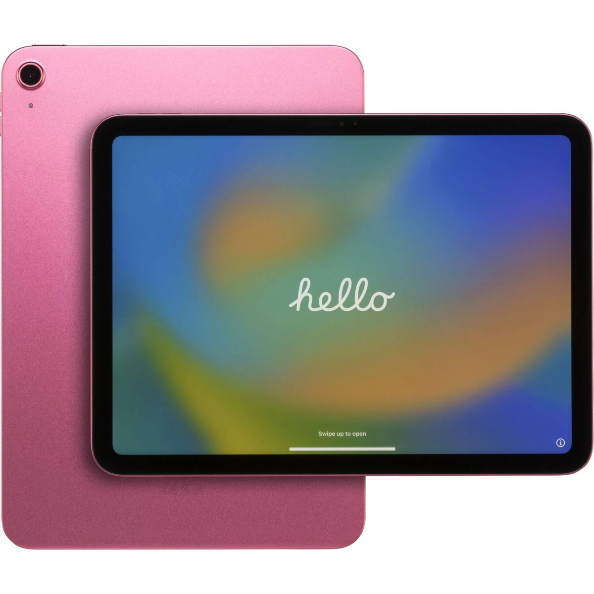 Pinkes iPad mit 'hello' auf dem Bildschirm. Rückseite mit Kamera. Bildschirm mit buntem Hintergrund.