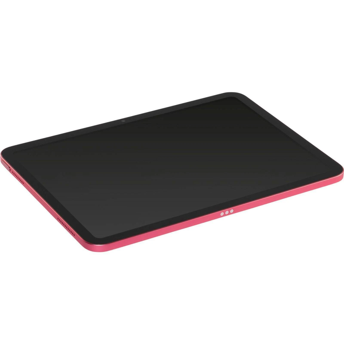 Ein rosa Tablet mit schwarzem Bildschirm und rosa Rahmen wird auf weißem Hintergrund gezeigt.