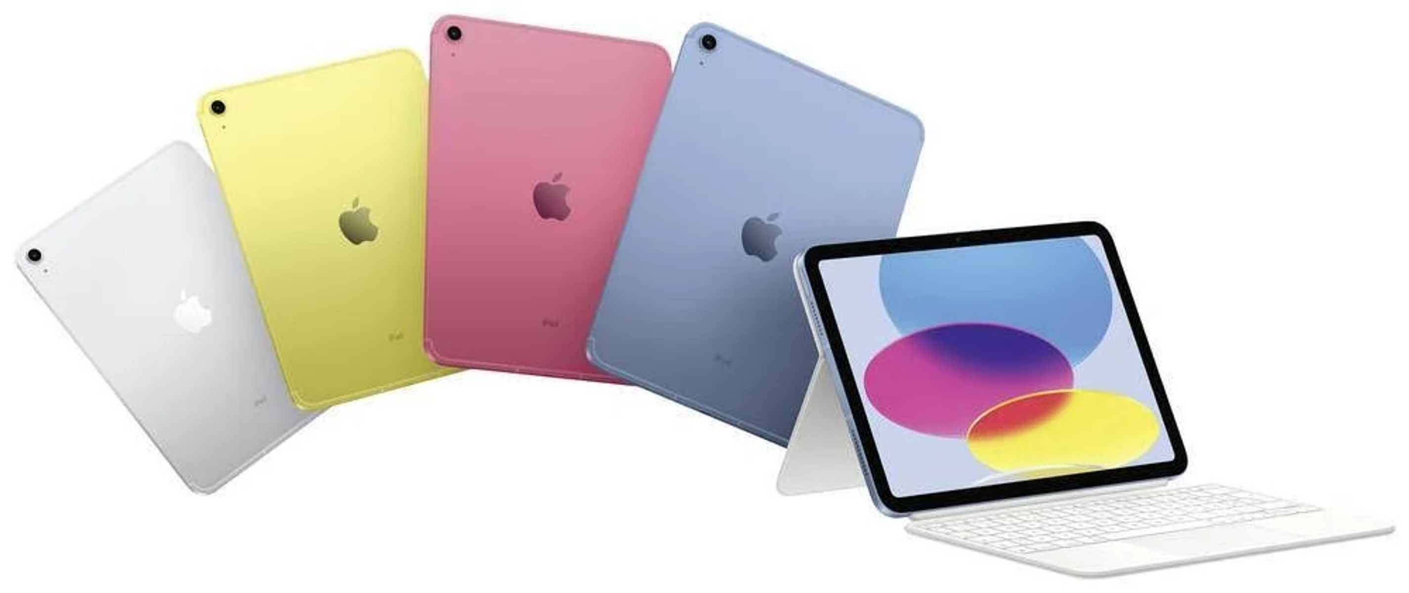 Tablet di vari colori, uno con tastiera.