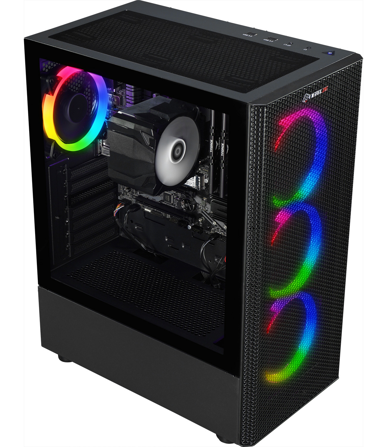 Boîtier PC gaming noir avec lumières RGB et panneau latéral transparent.