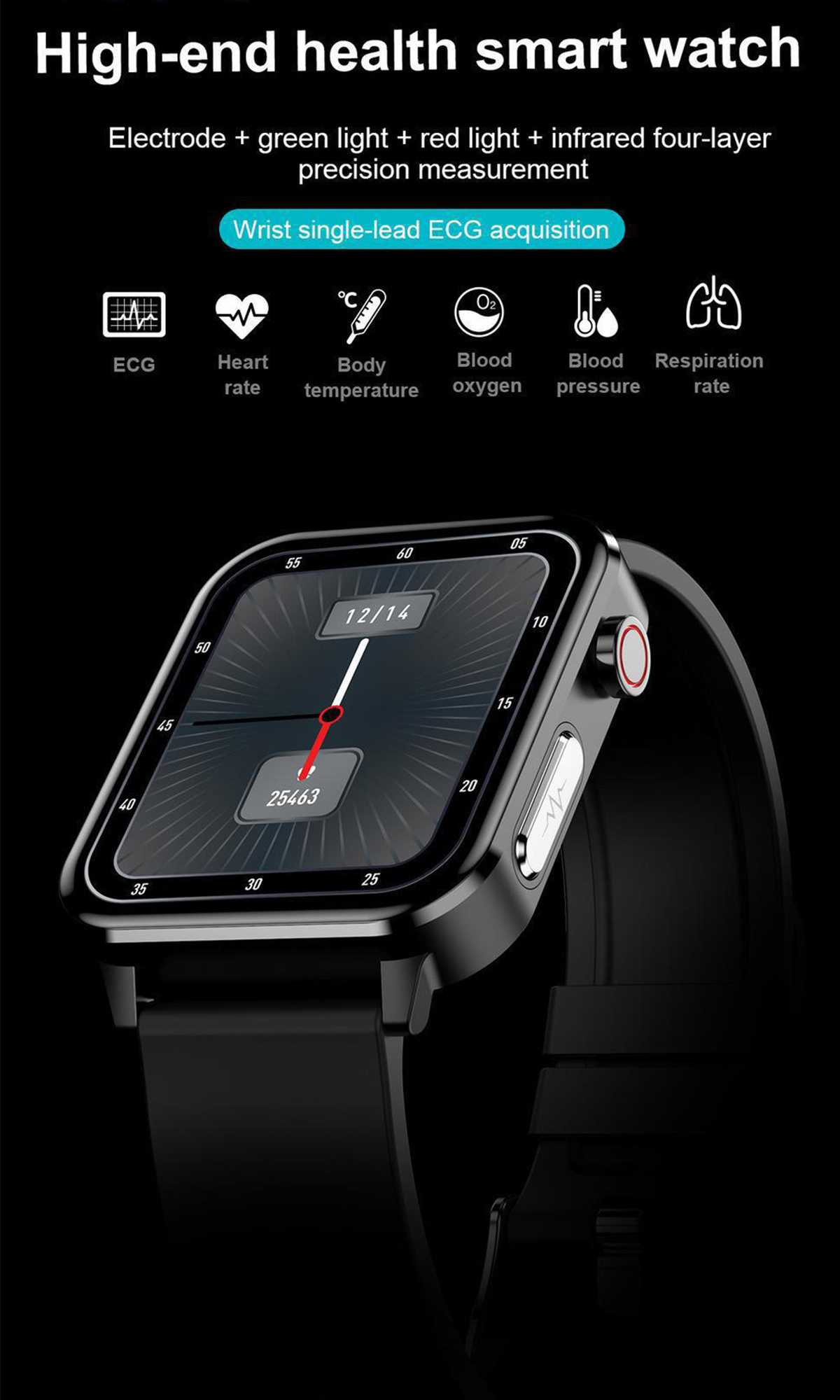 Eine schwarze Gesundheits-Smartwatch mit Statistiken, Symbolen und einem schwarzen Armband.