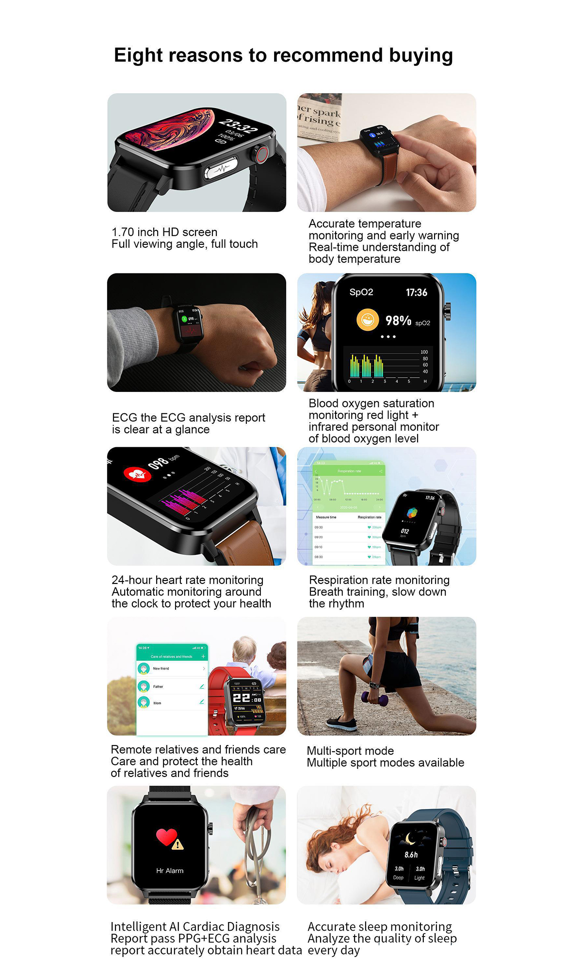 Eine Seite mit Bildern einer Smartwatch, die ihre Funktionen zeigt. Sie enthält Gesundheitsdaten.