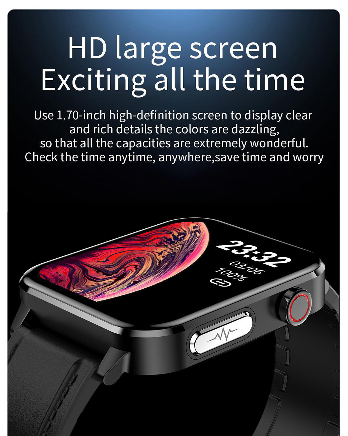 Smartwatch, das die Uhrzeit anzeigt. Schwarze Uhr mit schwarzem Armband, der Bildschirm leuchtet.