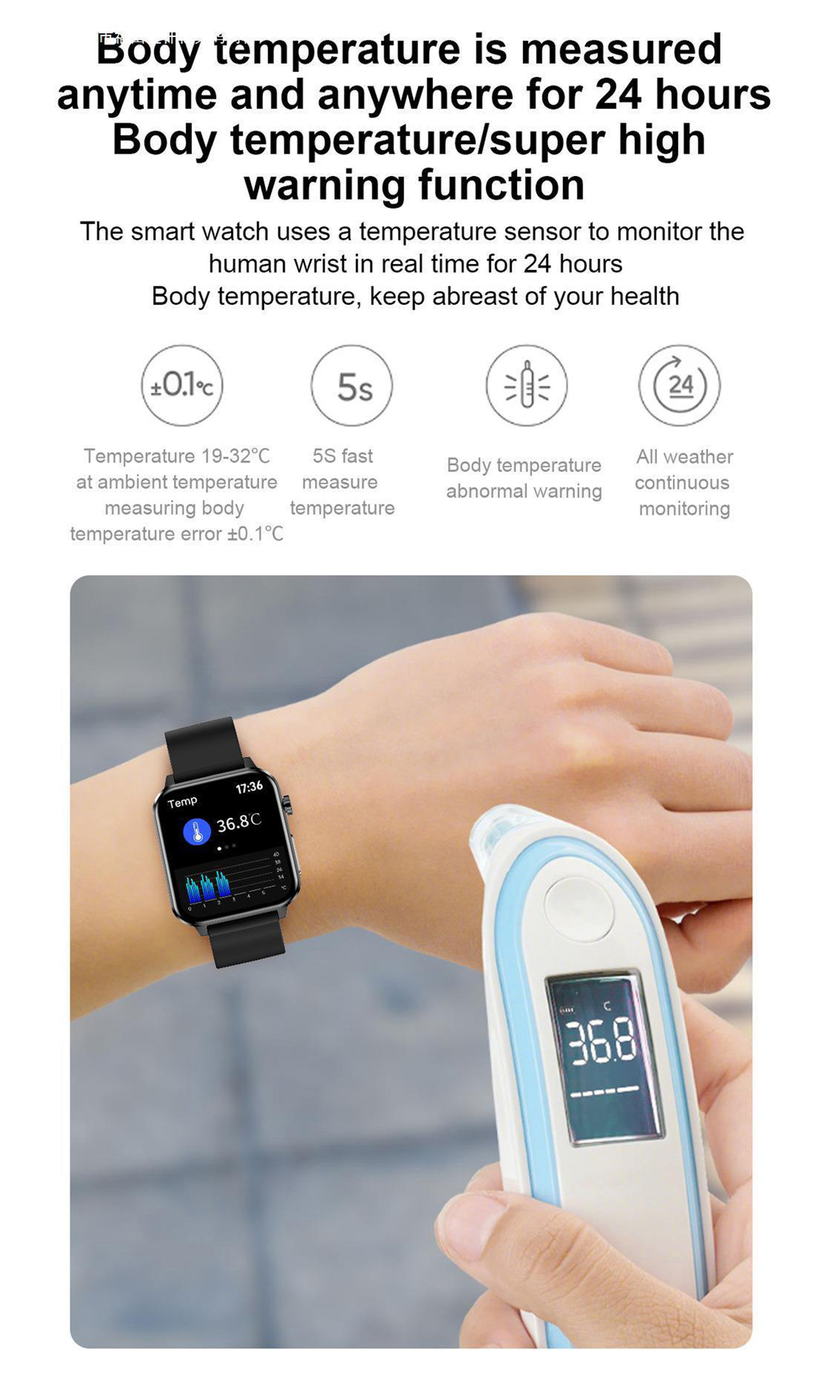 Eine Person trägt eine Smartwatch am Handgelenk. Ein Thermometer ist in der anderen Hand.