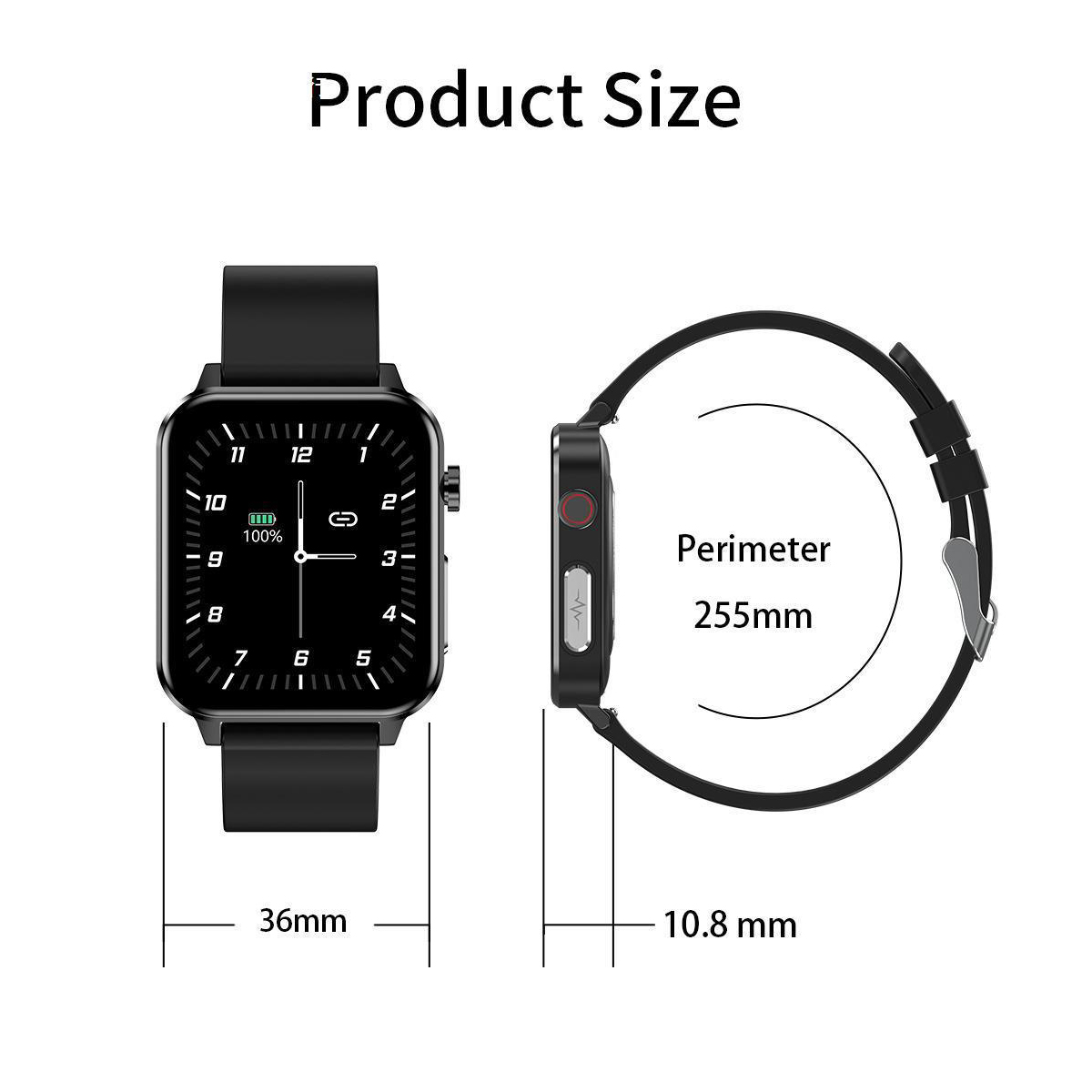 Smartwatch mit schwarzem Armband, Seitenansicht. Text: Umfang 255mm, 36mm x 10,8 mm.