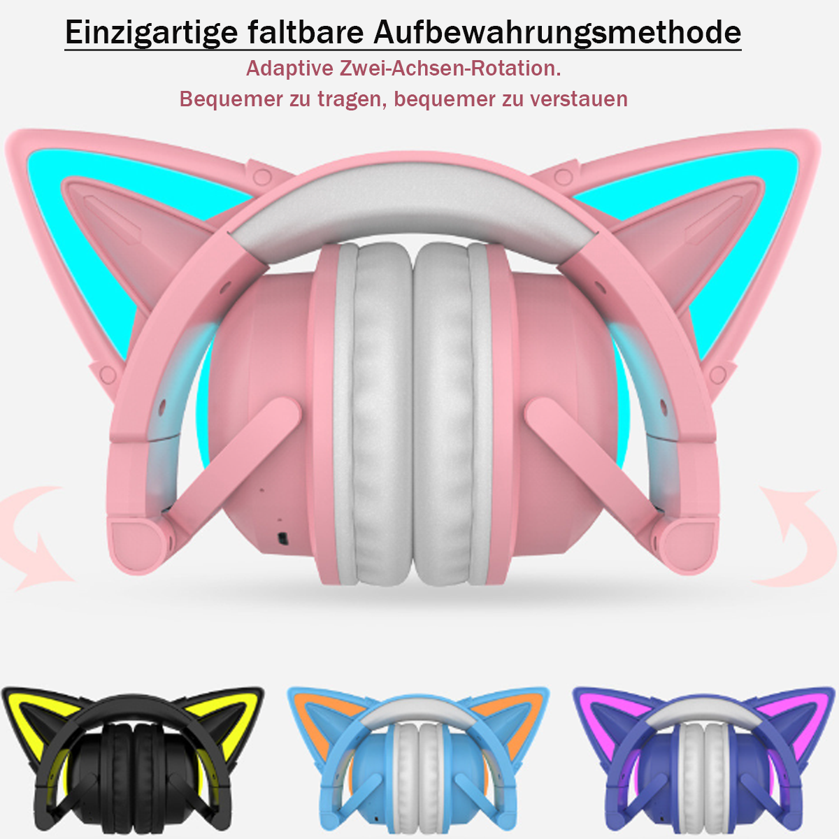 Pinke Katzenohr-Kopfhörer mit blauen Lichtern und drei Farboptionen.