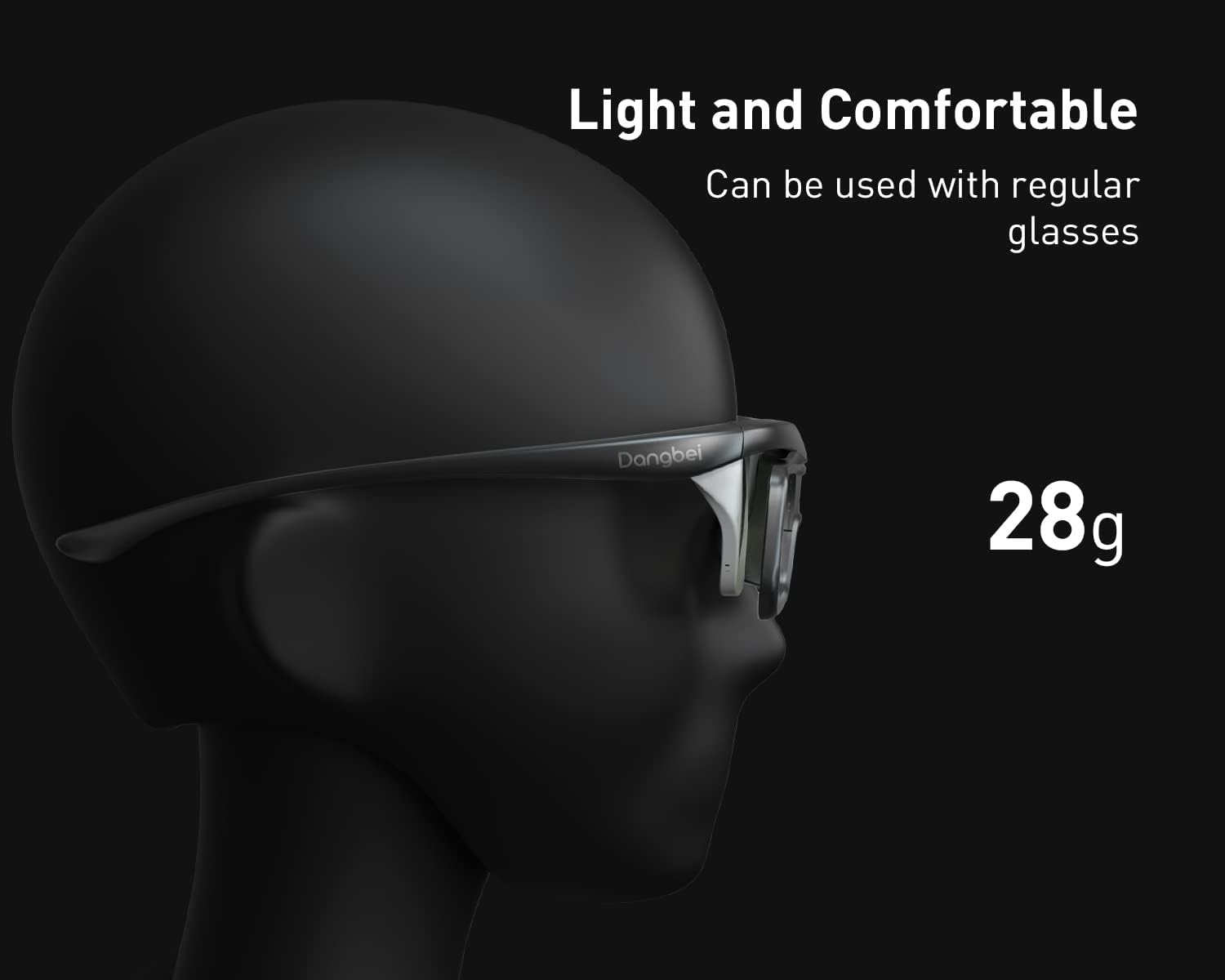 Una persona usa gafas en una cabeza de maniquí negra. Texto: Ligero y cómodo, 28g.