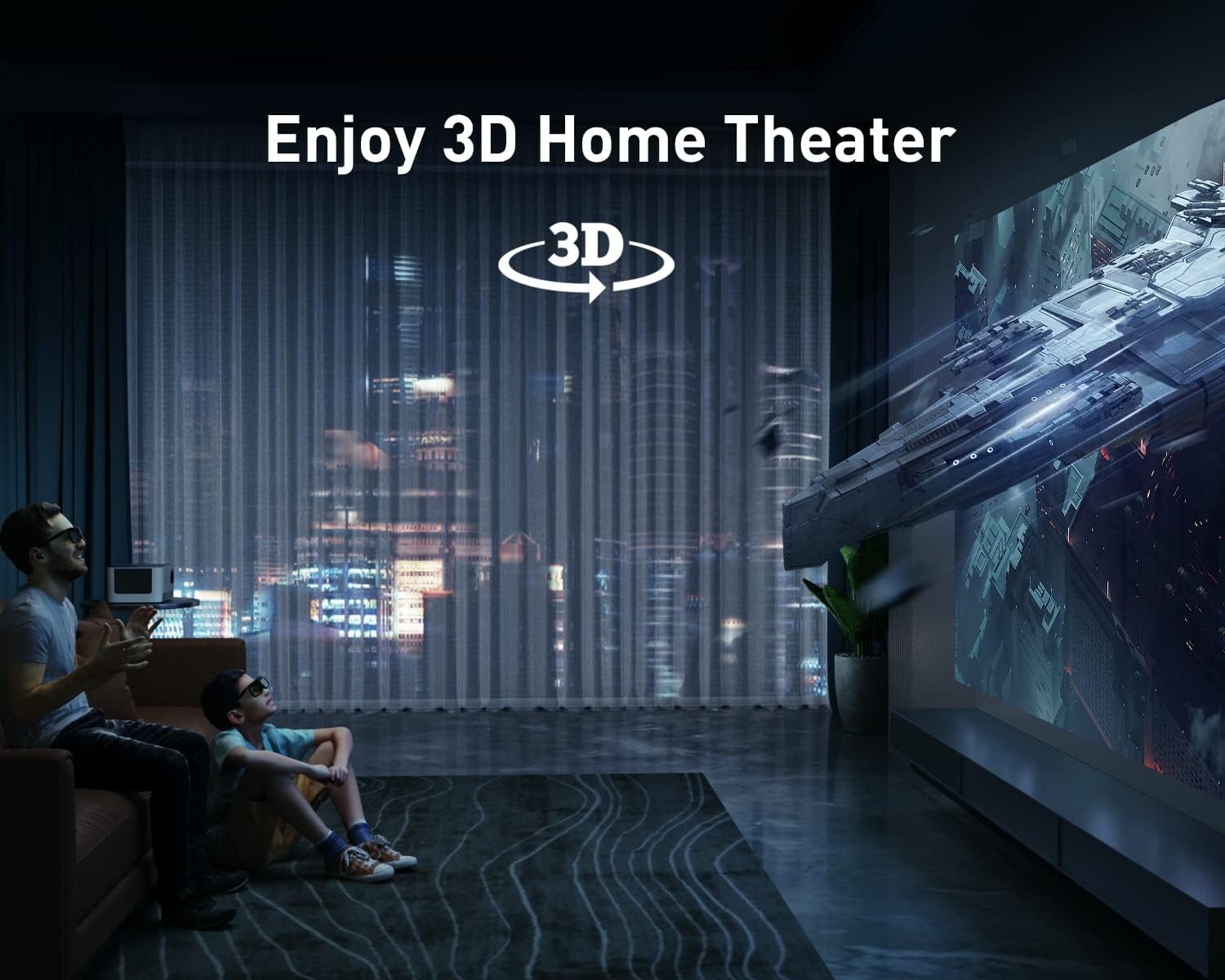Dos personas viendo una película en 3D en un cine en casa. Una gran pantalla muestra una nave espacial.