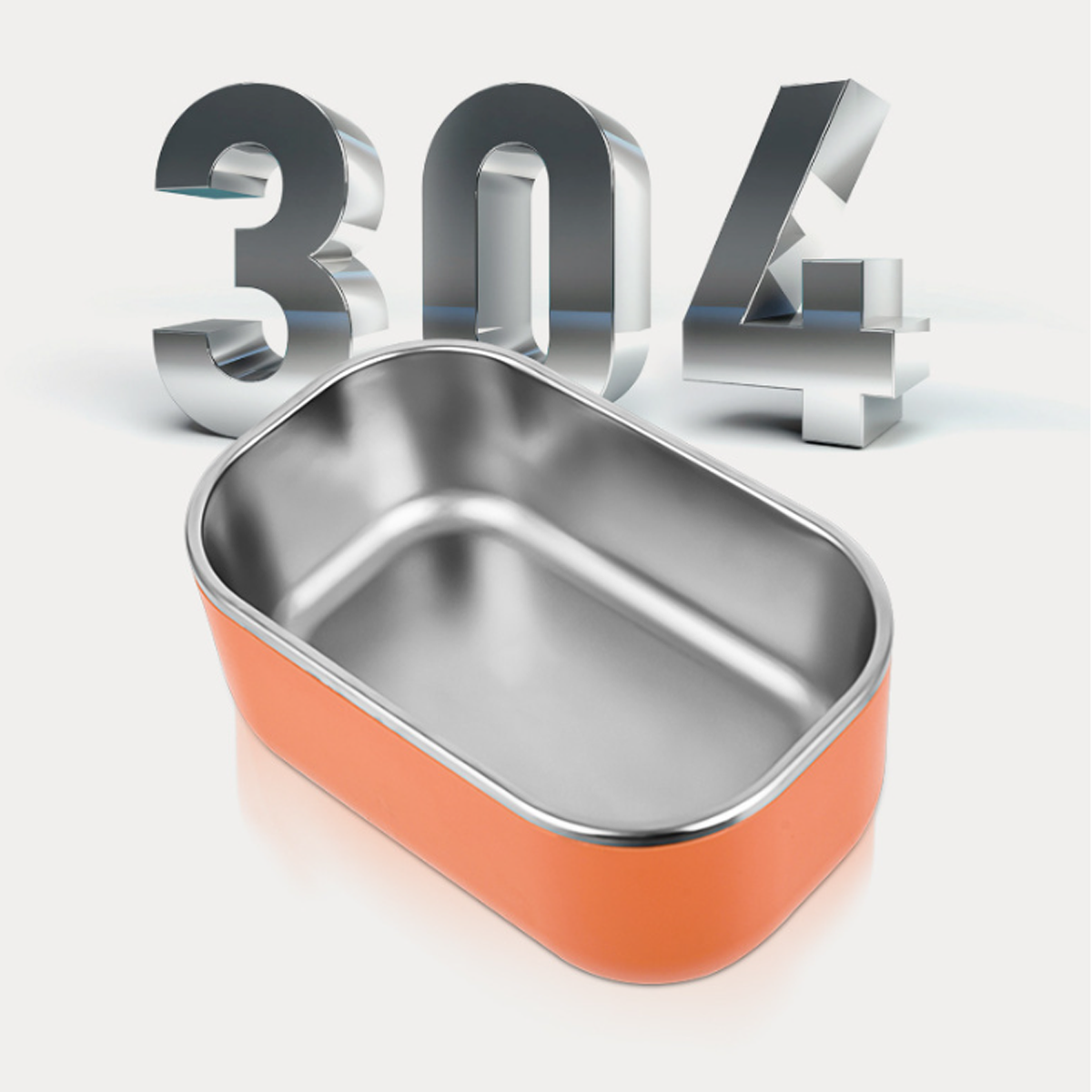 Edelstahlbehälter mit orangefarbenem Boden, im Hintergrund die Zahlen 304.