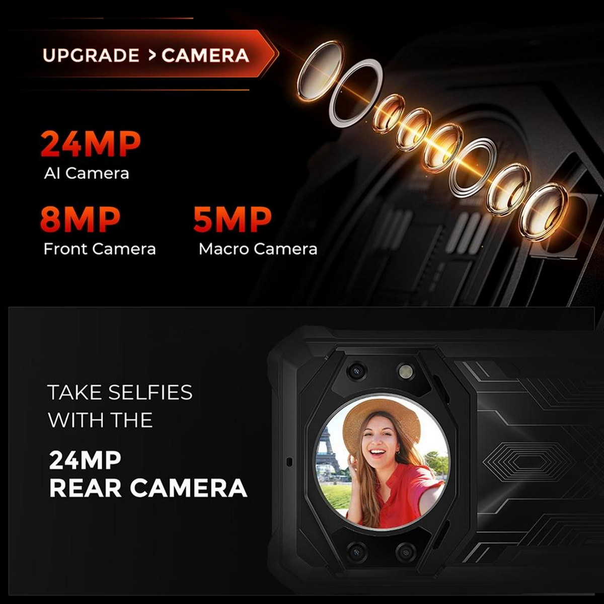 Ekran smartfona pokazuje aparat 24MP, przedni aparat 8MP i zdjęcie kobiety. Czarne urządzenie.