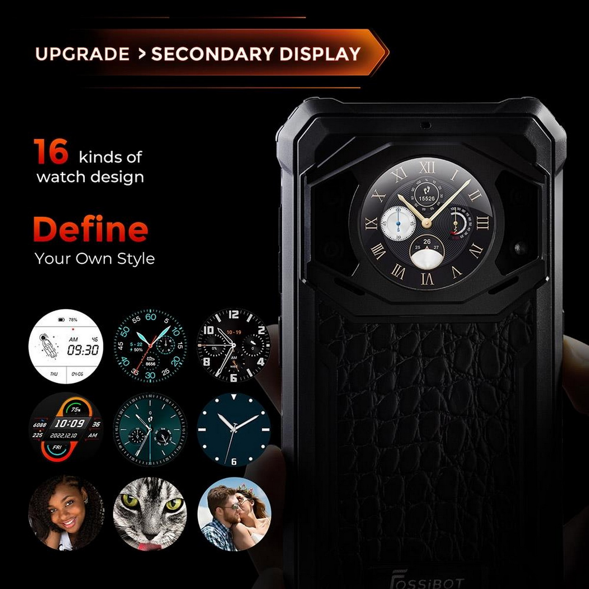 Czarny smartwatch z wieloma wzorami tarcz.