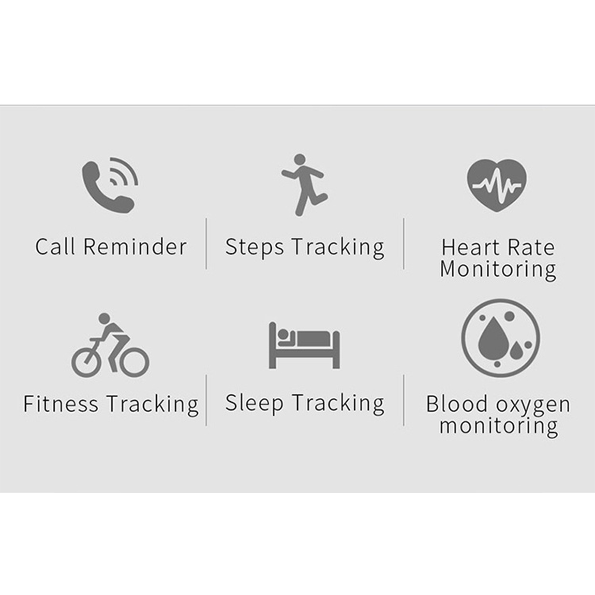Symbole für Anruferinnerungen, Schrittverfolgung, Herzfrequenz, Fitnesstracking, Schlaftracking und Blutsauerstoffüberwachung.