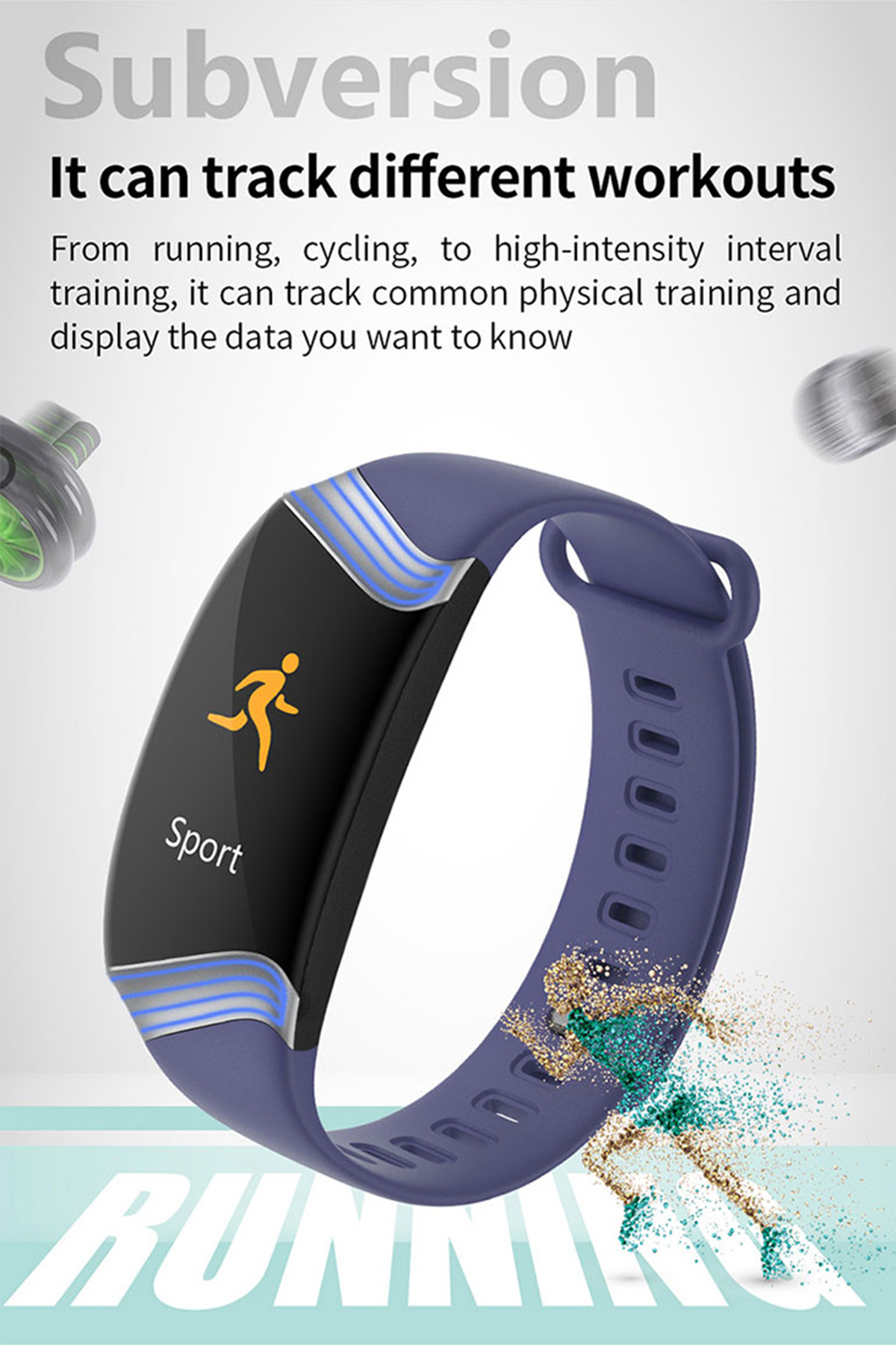 Ein Fitnesstracker am Handgelenk mit einer Lauf-Figur-Ikone, mit weißem Hintergrund.