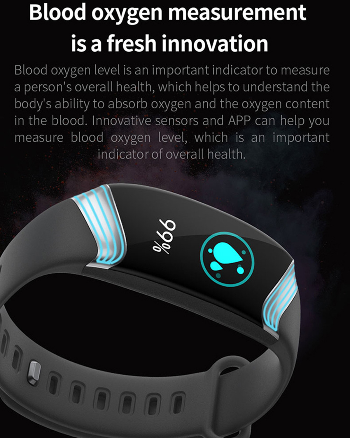 Schwarze Smartwatch mit einem Bildschirm, der 99 % und einen blauen Wassertropfen anzeigt.