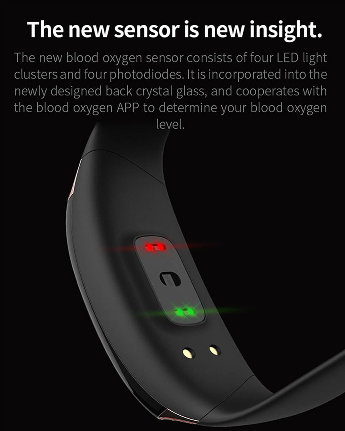Ein schwarzer Fitnesstracker zeigt rote und grüne Lichter, mit Text über Blutsauerstoff-Sensortechnologie.