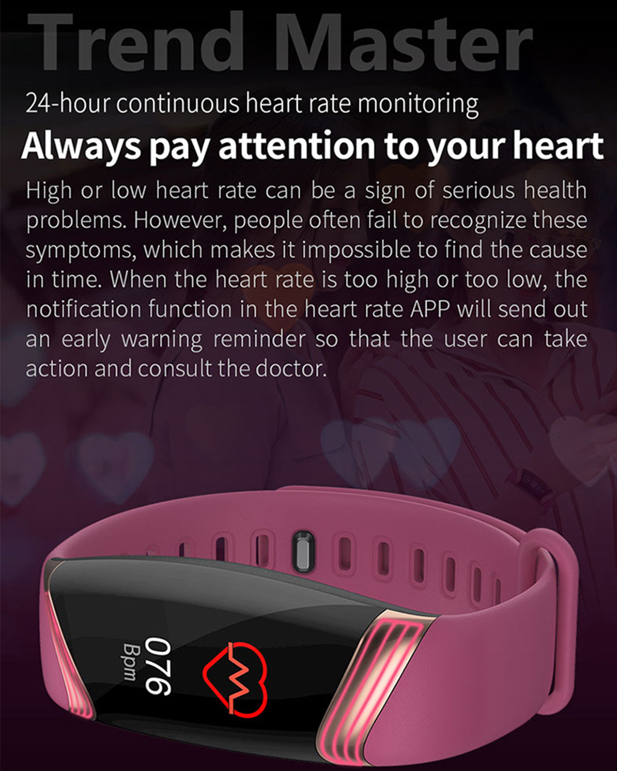 Eine Smartwatch mit pinkfarbenem Armband. Der Bildschirm zeigt Herzfrequenzdaten und ein rotes Herzsymbol.