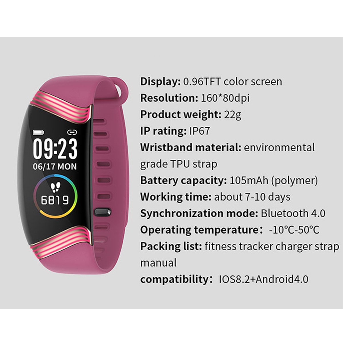 Pinke Smartwatch mit Display. Zeigt Zeit, Datum und Herzfrequenzdaten. Text ist enthalten.