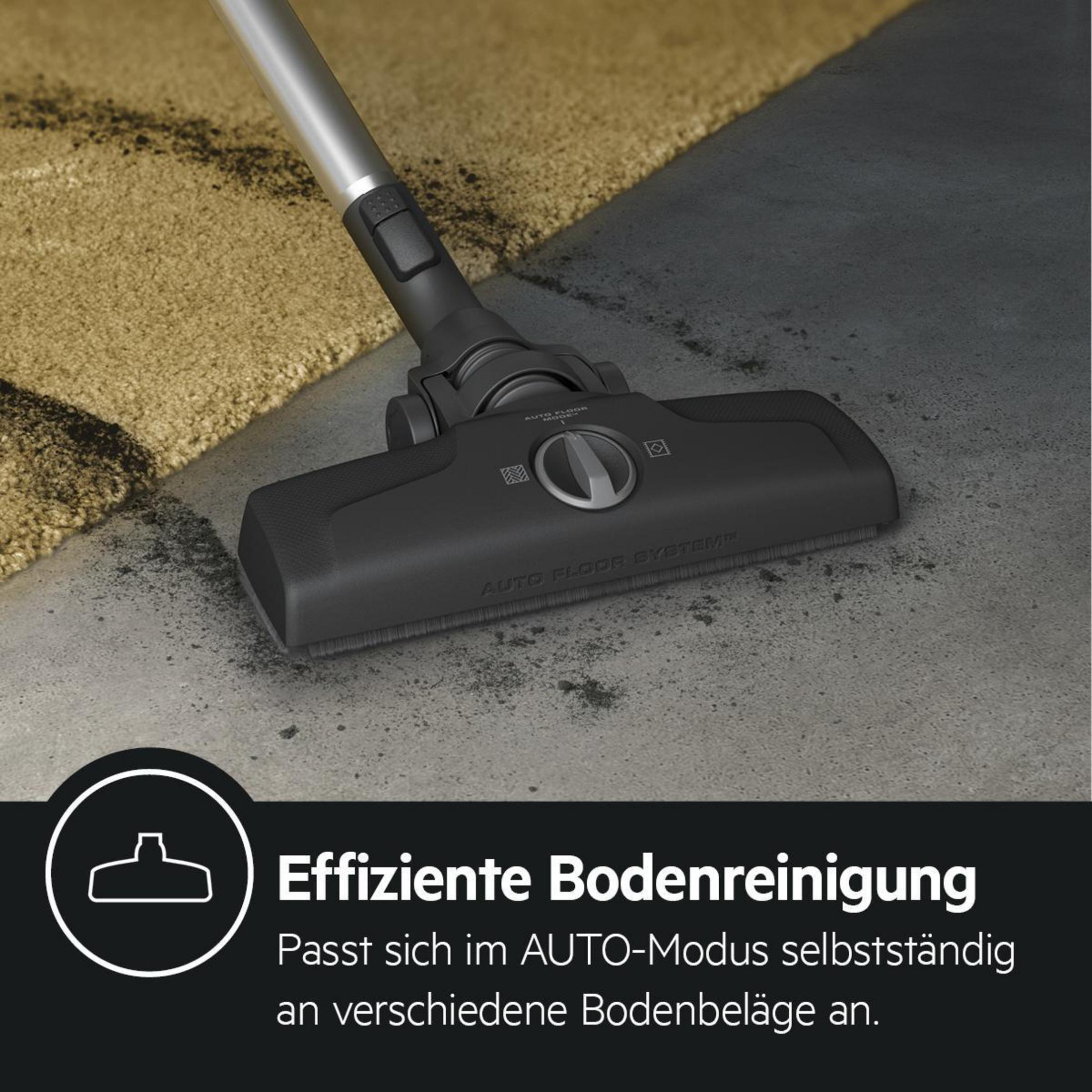 Czarna głowica odkurzacza czyści szary dywan. Tekst: 'Effiziente Bodenreinigung'.