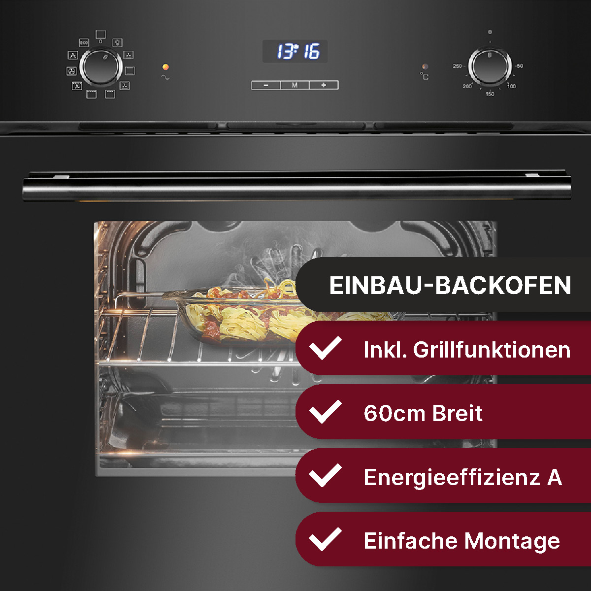 Einbau-Backofen mit Digitalanzeige. Text: Einbau-Backofen, 60cm breit, A Energieeffizienz.