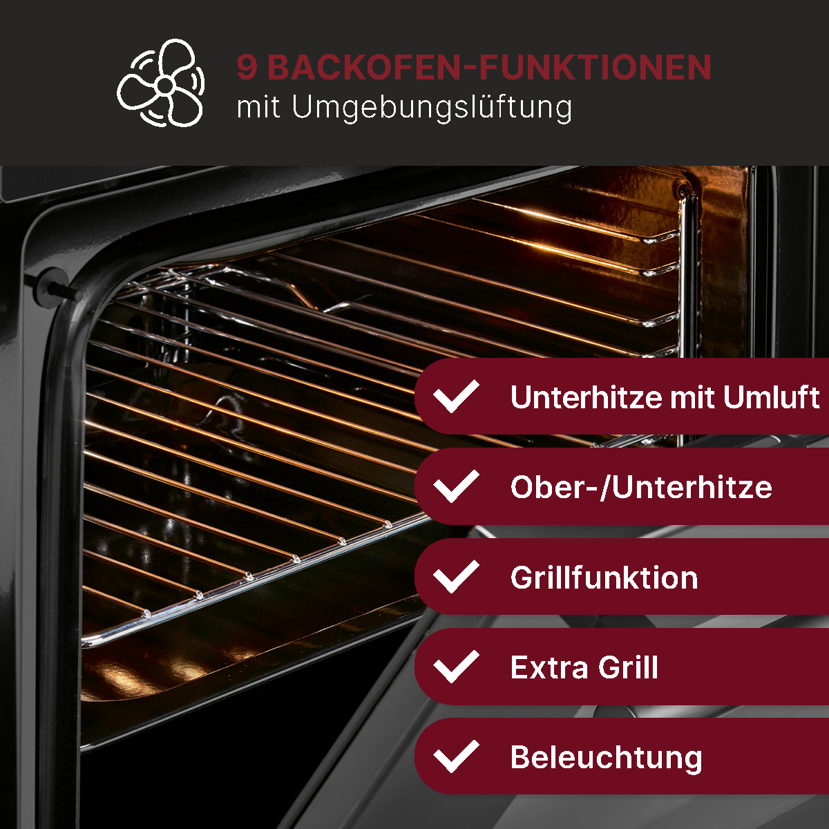 Eine Backofentür mit den aufgeführten Backofenfunktionen. Enthält Ober- und Unterhitze, Grillfunktion und mehr.