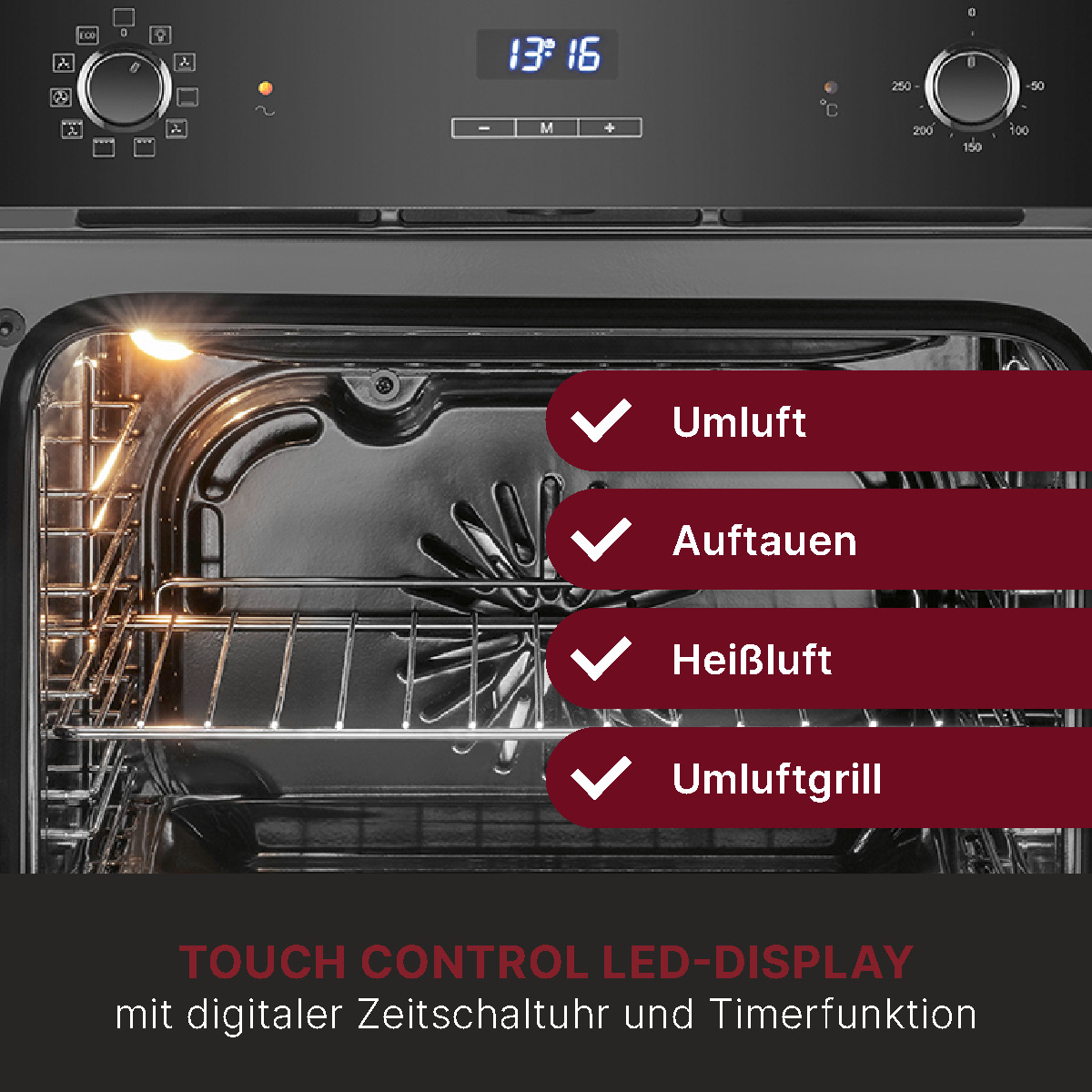 Nahaufnahme des Ofeninneren. Zeigt die Heizelemente und das Bedienfeld.