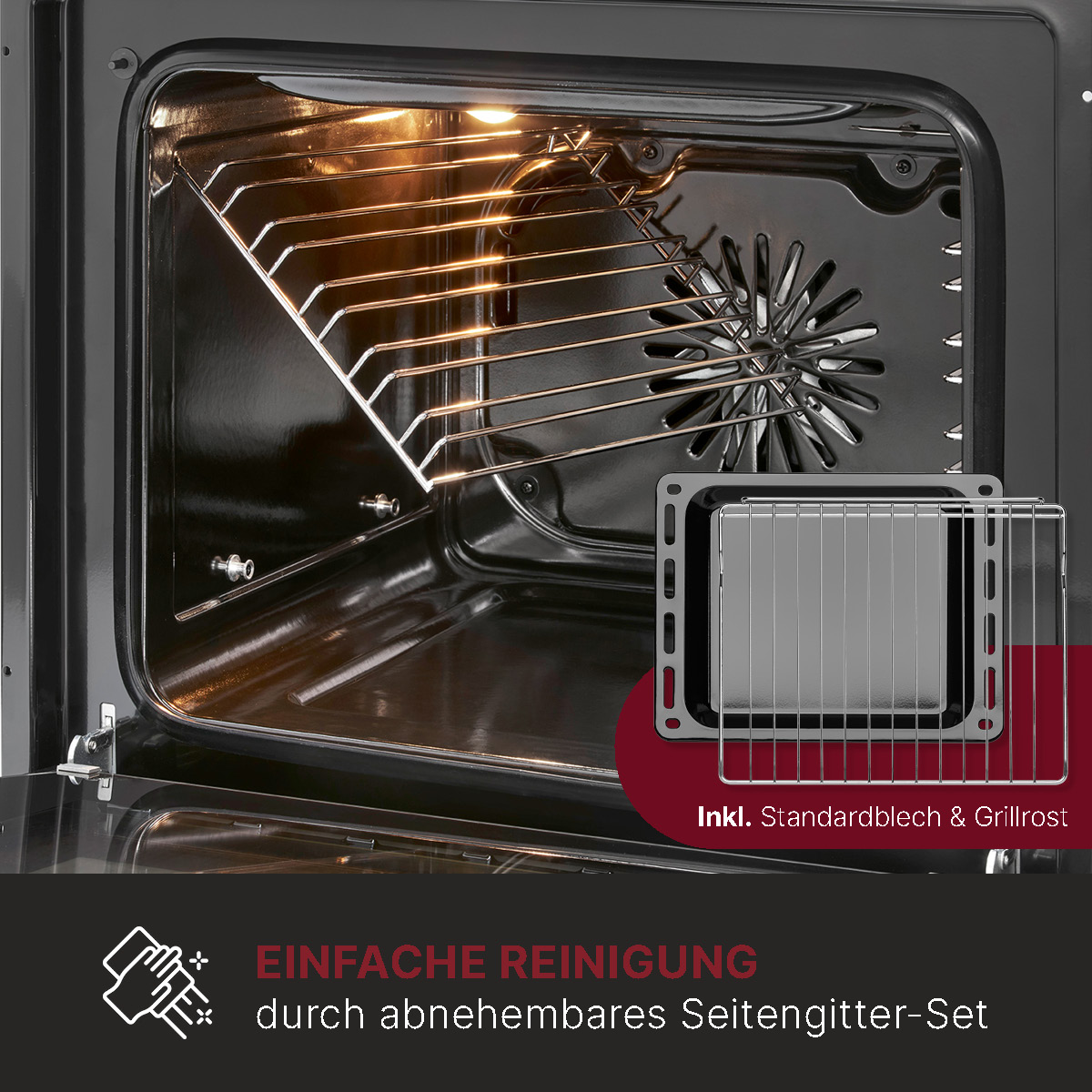 Ein Backofen mit herausnehmbaren Seitengittern. Enthält ein Backblech und einen Grillrost im Ofen.