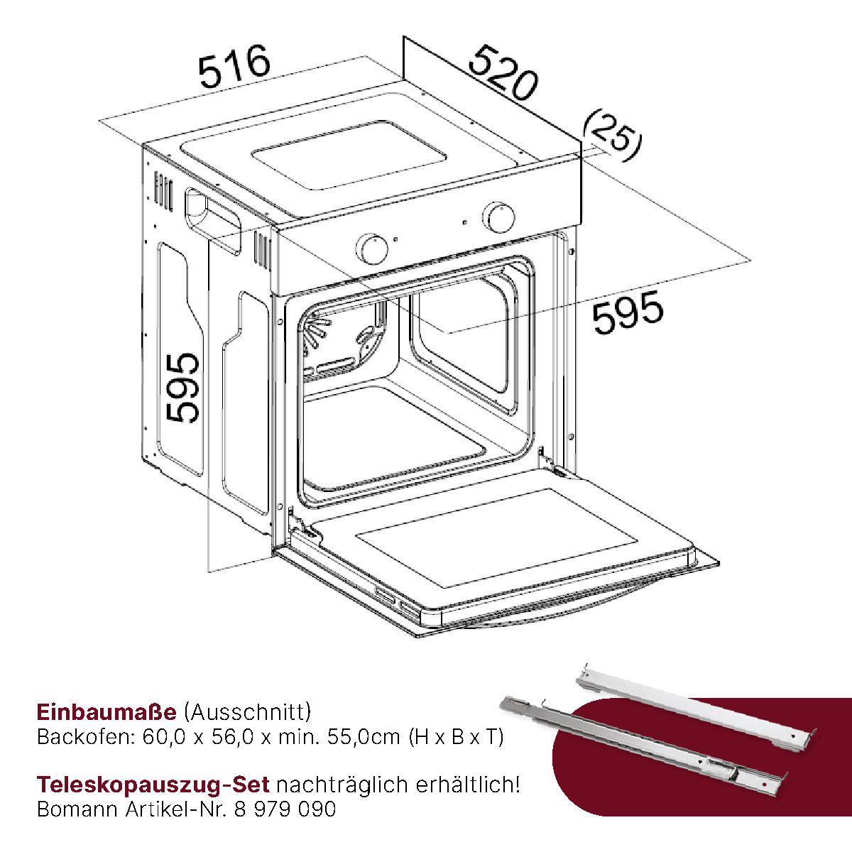 Einbauofen mit Abmessungen und einem Teilediagramm. Geöffnete Tür.