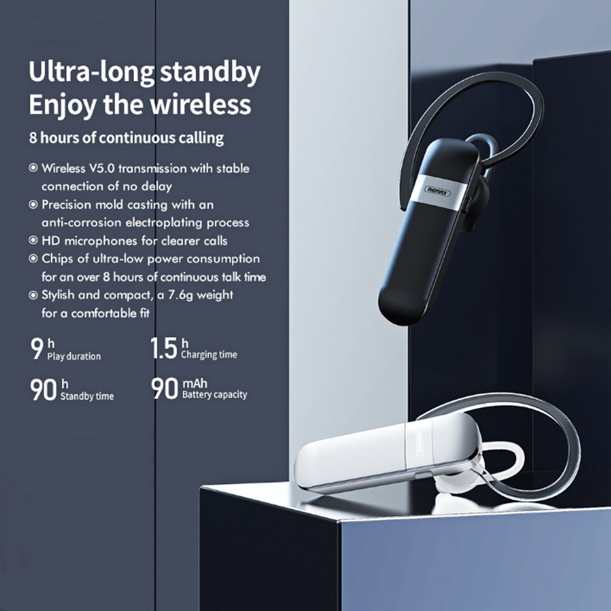 Schwarz-weißes kabelloses Headset und Ladestation auf einer Oberfläche. Text: Ultra-lange Standby-Zeit. Eigenschaften aufgelistet.