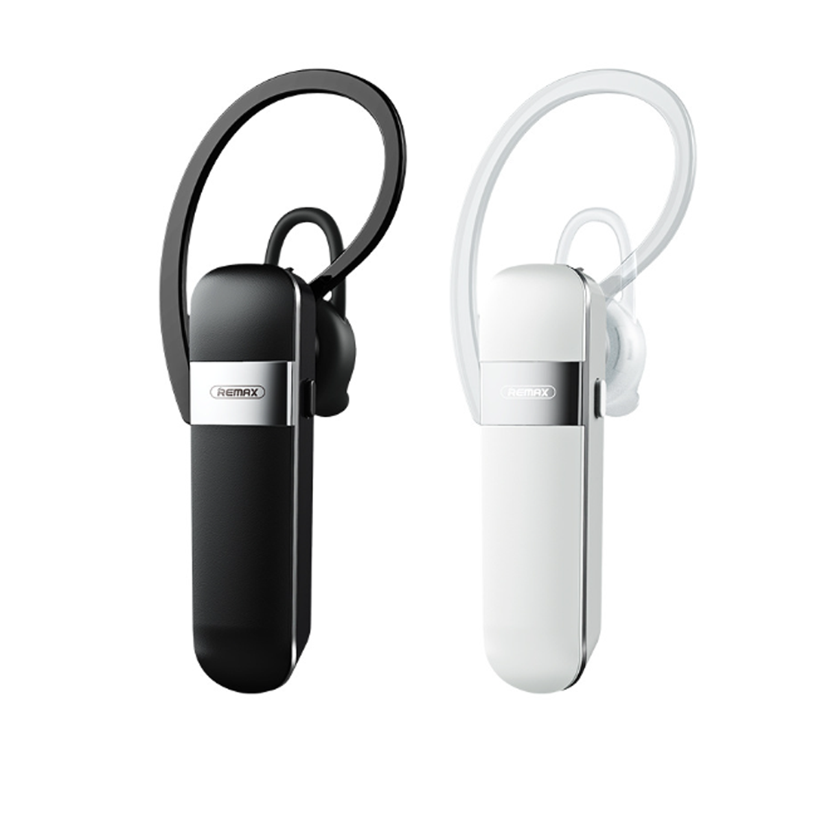 Zwei kabellose Bluetooth-Headsets, eines schwarz, eines weiß, mit Ohrbügeln und silbernem Akzent.