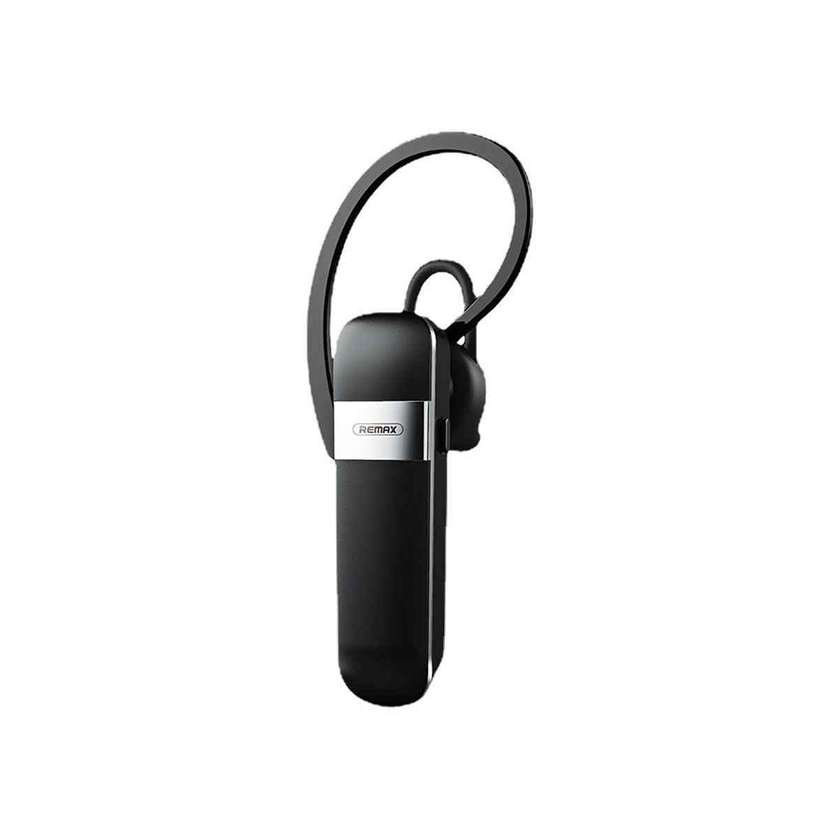 Ein schwarzes Bluetooth-Headset mit einem gebogenen Ohrbügel. Es ist vor einem weißen Hintergrund platziert.