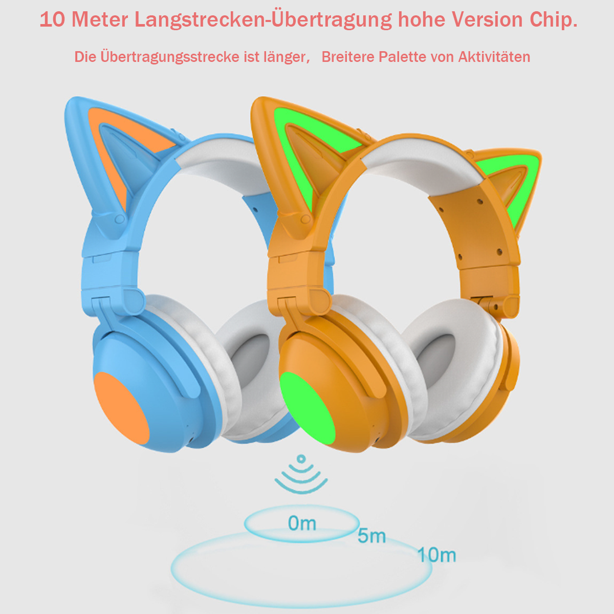 Zwei kabellose Katzenohr-Kopfhörer. Einer blau, einer orange. Blaue Ringe zeigen die Reichweite des Funksignals an.