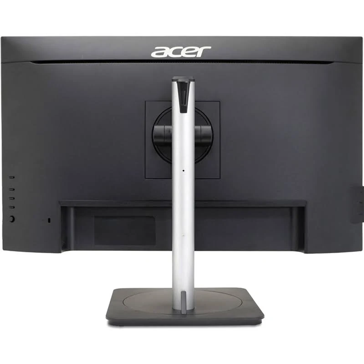 The back of a black computer monitor with a stand, on a white background.