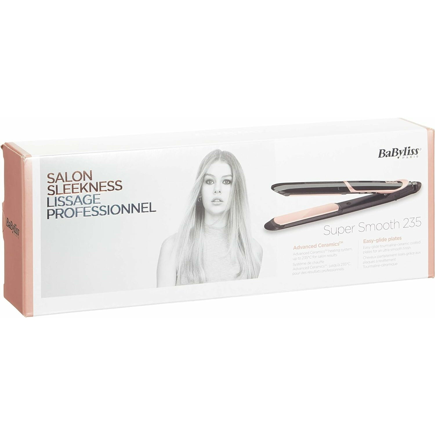 Pudełko prostownic do włosów Babyliss Salon Sleekness z wizerunkiem kobiety na froncie.