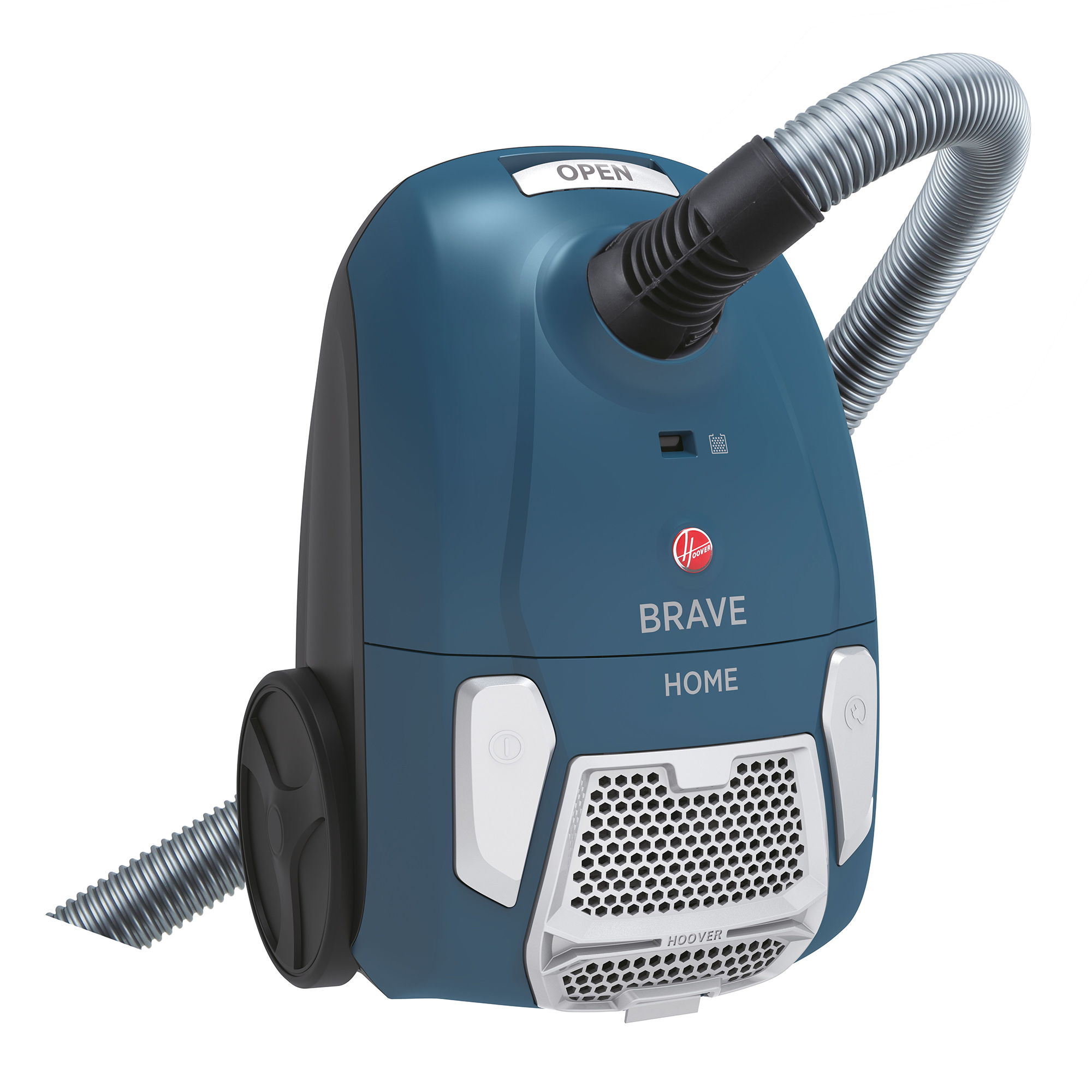 Niebieski odkurzacz z wężem, słowa 'BRAVE' i 'HOME' są widoczne z przodu.