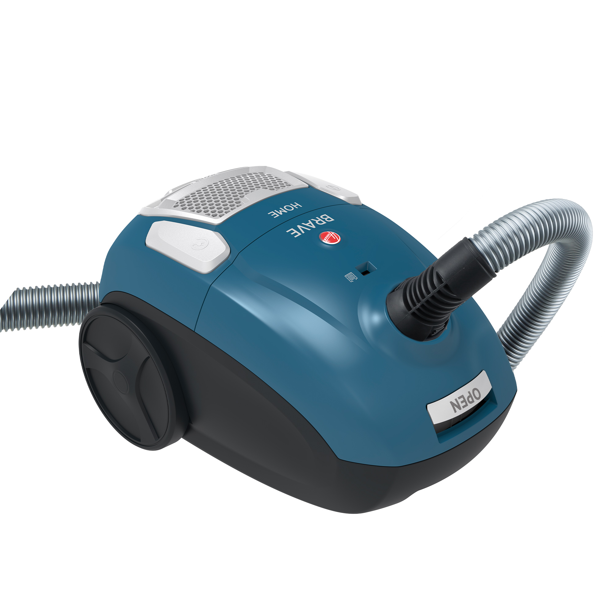 Niebieski odkurzacz z czarnymi kołami, wężem i napisem 'OPEN'.