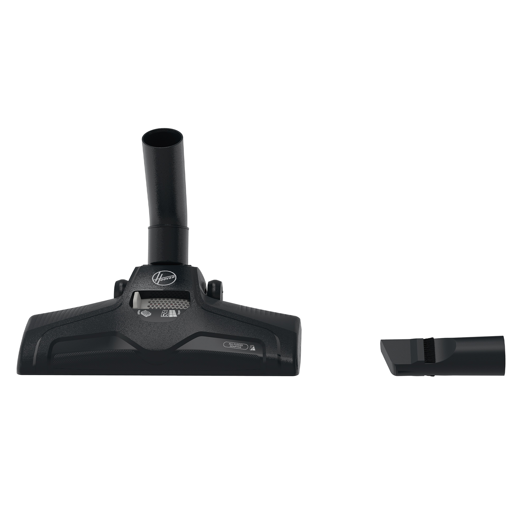 Czarna głowica odkurzacza ze szczotką i dodatkowym, mniejszym, czarnym osprzętem.