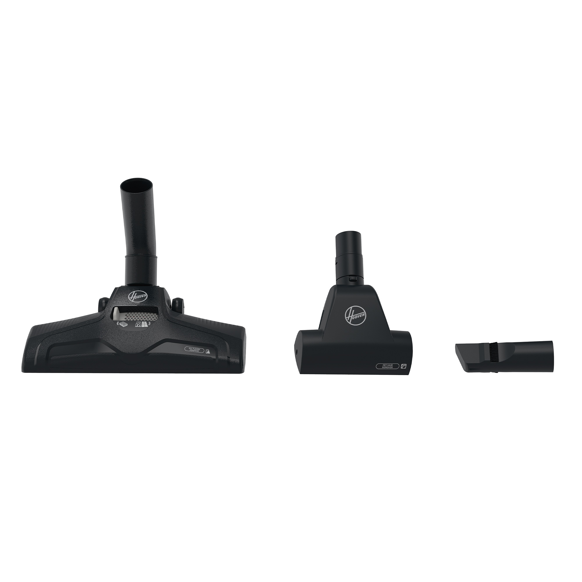 Trzy czarne nasadki do odkurzacza na białym tle. Zawiera szczotkę, dyszę i ssawkę szczelinową.